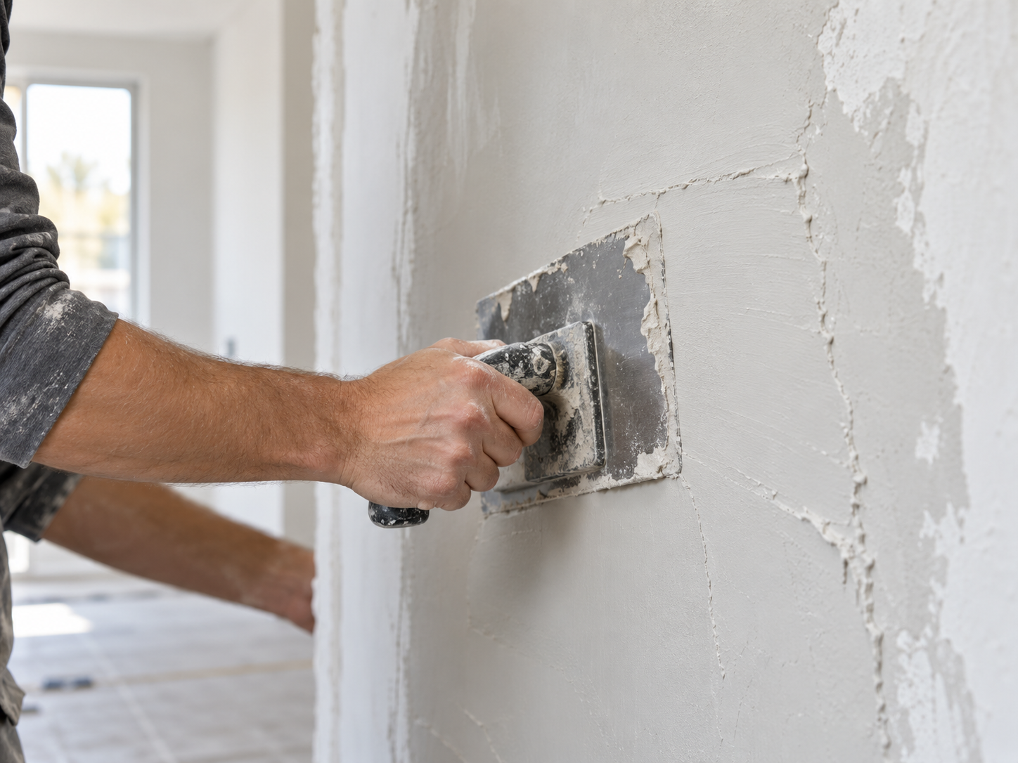 Aplicación de Megalis con llana sobre una pared interior