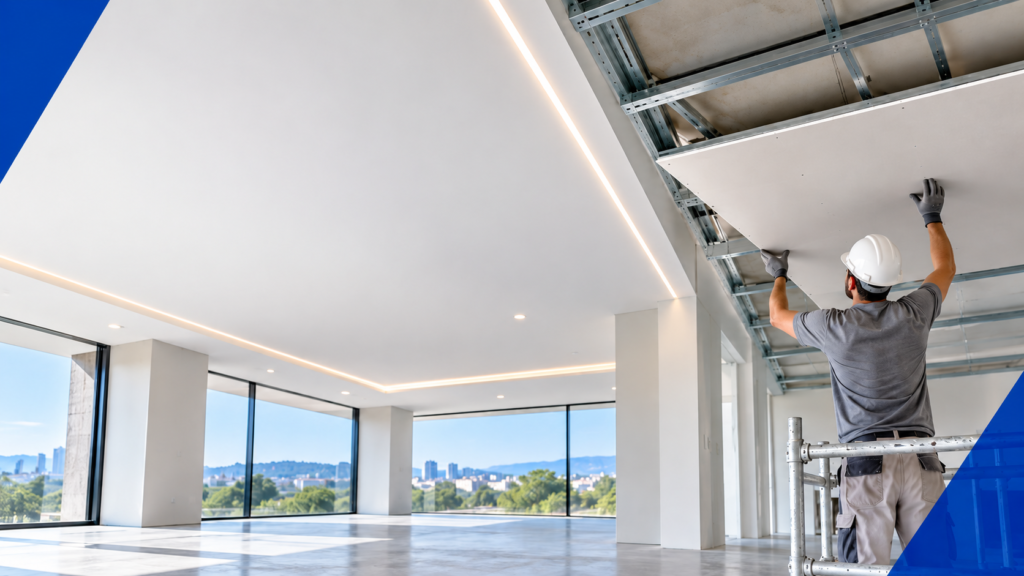 Instalacion de techo moderno con paneles de yeso. Techos continuos Knauf: qué sistema encaja mejor en cada proyecto Ebroplac Almacén de Pladur y sistemas de aislamiento, insonorización y cortafuegos en Zaragoza